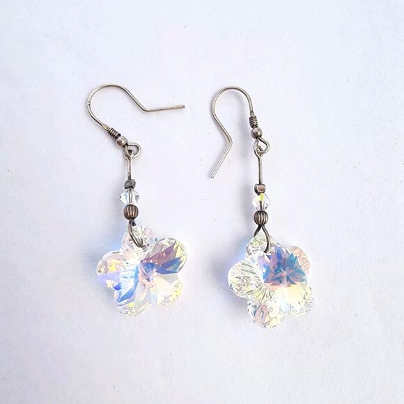 Handmade Sterling Silver Swarovski Crystal Earrings Dangle Long Crystals Flower - Picture 1 of 6